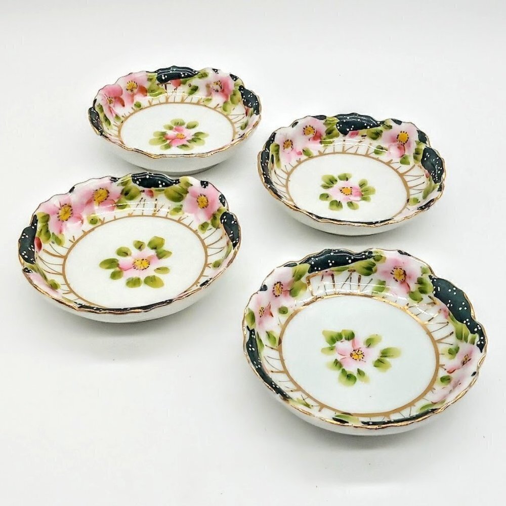 Vintage Nippon Hand-Painted Green Pink Floral Porcelain Finger Bowls (4)